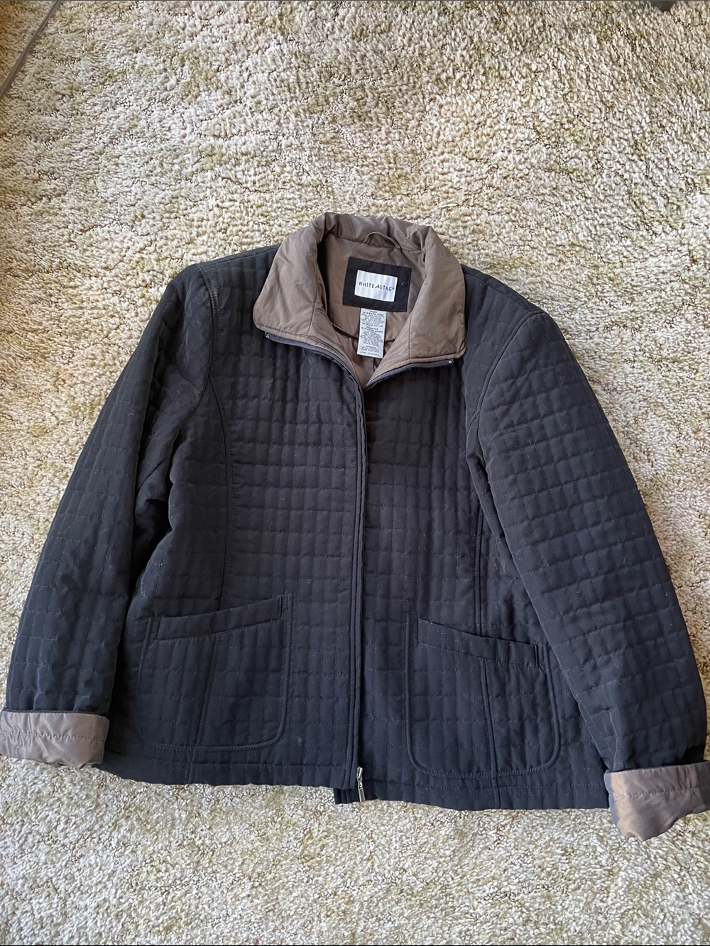 White Stag Black Quilted Jacket with Brown Collar and Cuff